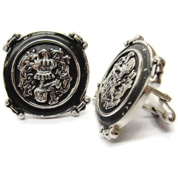LION Crown Cufflinks Silver Tone Black Enamel Royal Wedding Vtg Signed Swank - Picture 1 of 8